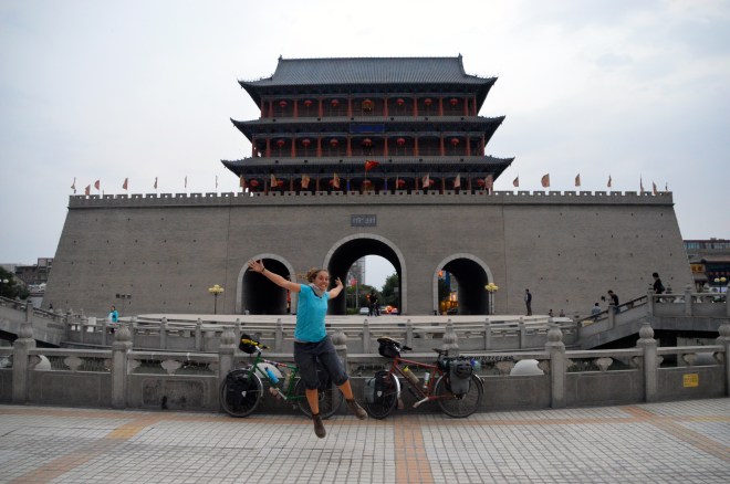 Jumping with joy at the South Gate Wuwei.