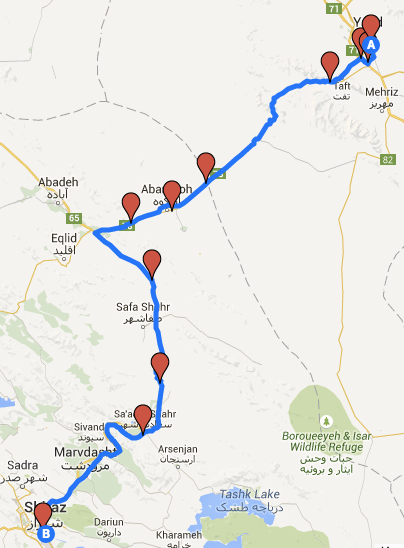 Our route from Yazd to Shiraz.
