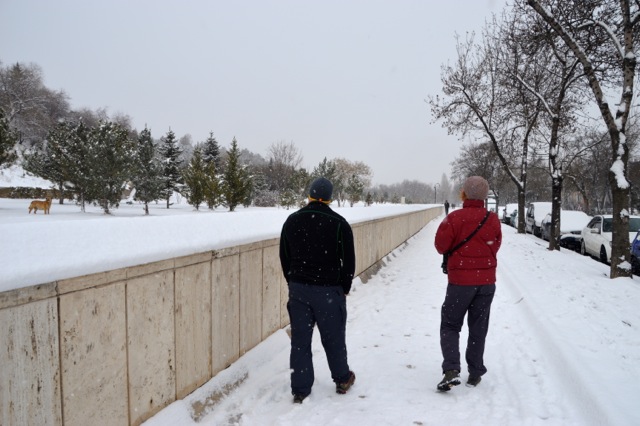 Walking through the snowy streets.