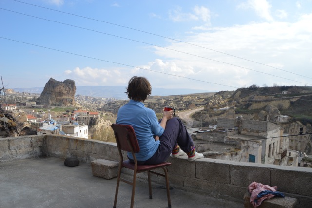 Enjoying morning cup of tea on Aiden's terrace.
