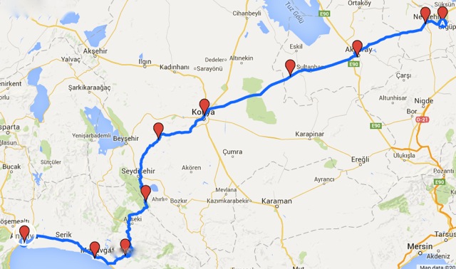 Our cycling route from Ortahisar to Antalya