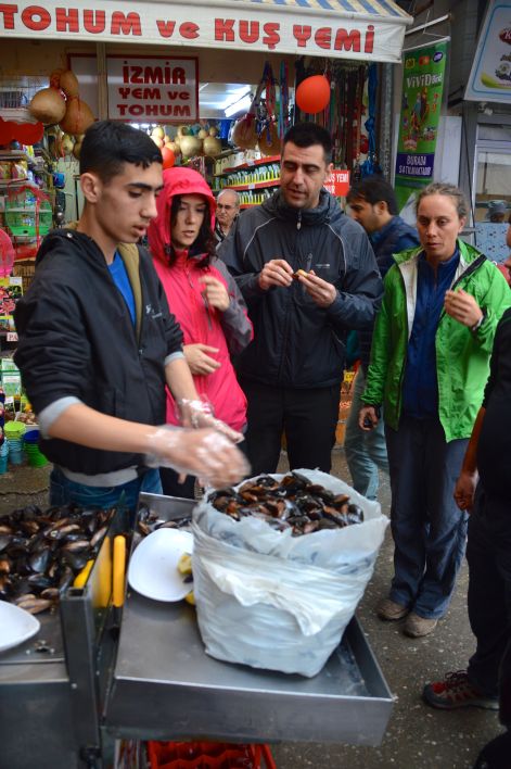 A Turkish speciality - mussels stuffed with spiced rice served hot with a squeeze of lemon. We may have gorged ourselves...