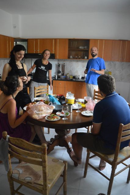 Sharing a meal at the Green Garden hostel.